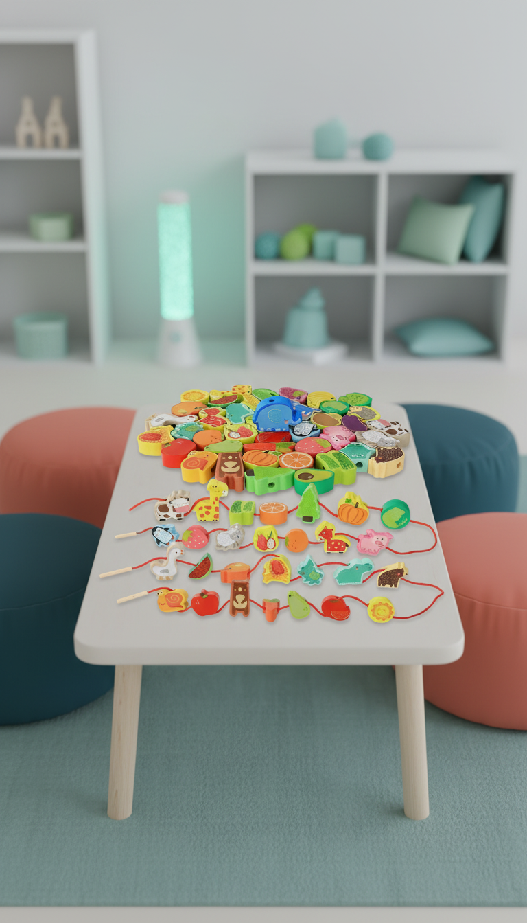 Contas de Madeira Montessori Animais e Frutas - Coordenação Motora