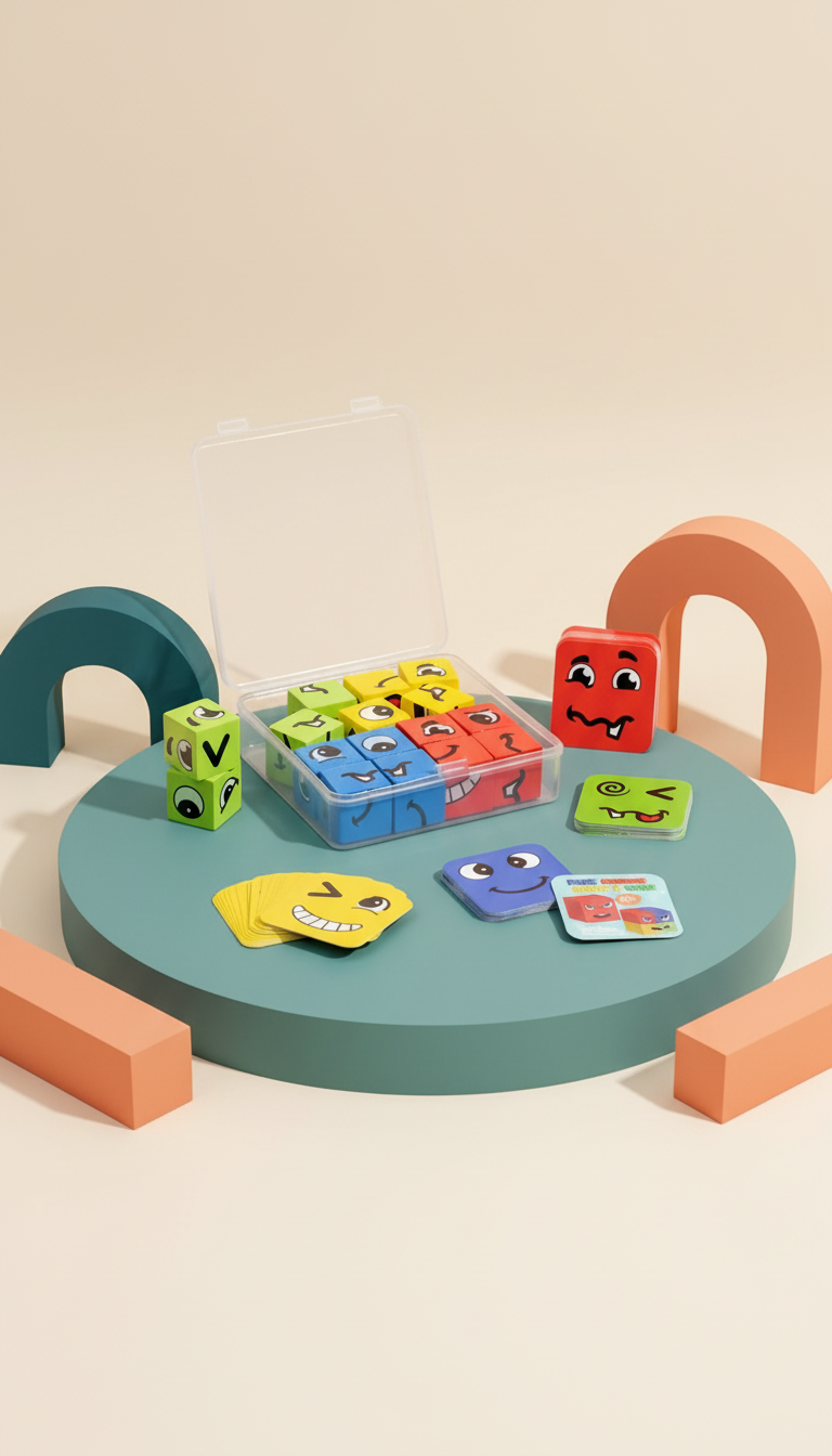 Cubo de Emoções Montessori - Jogo Sensorial de Expressões Faciais