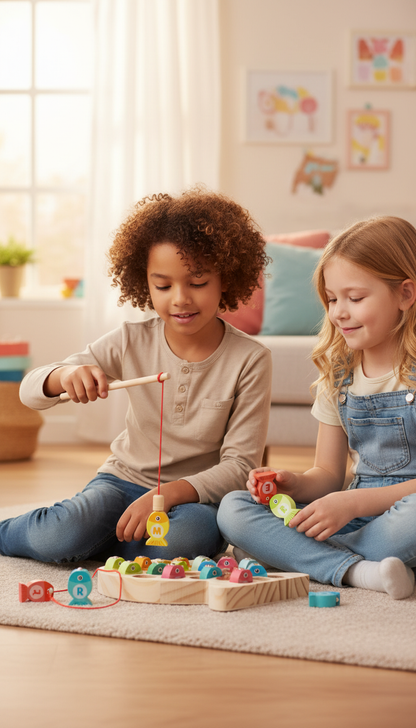 Jogo Pesca Magnético Madeira Alfabeto Números Aprenda Inglês