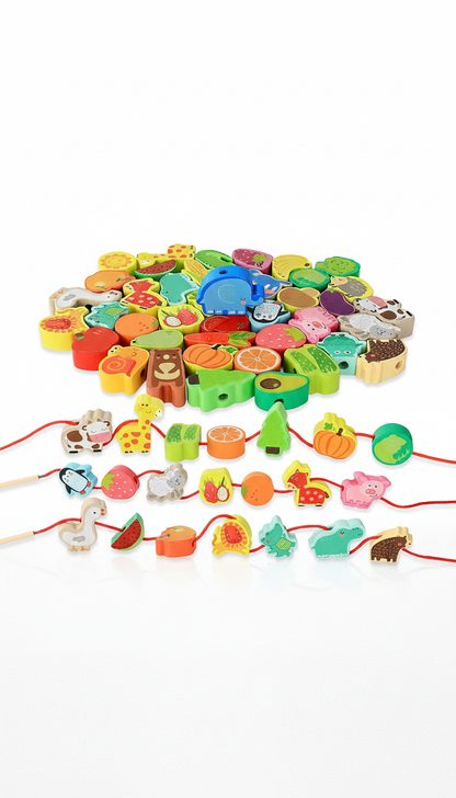Contas de Madeira Montessori Animais e Frutas - Coordenação Motora