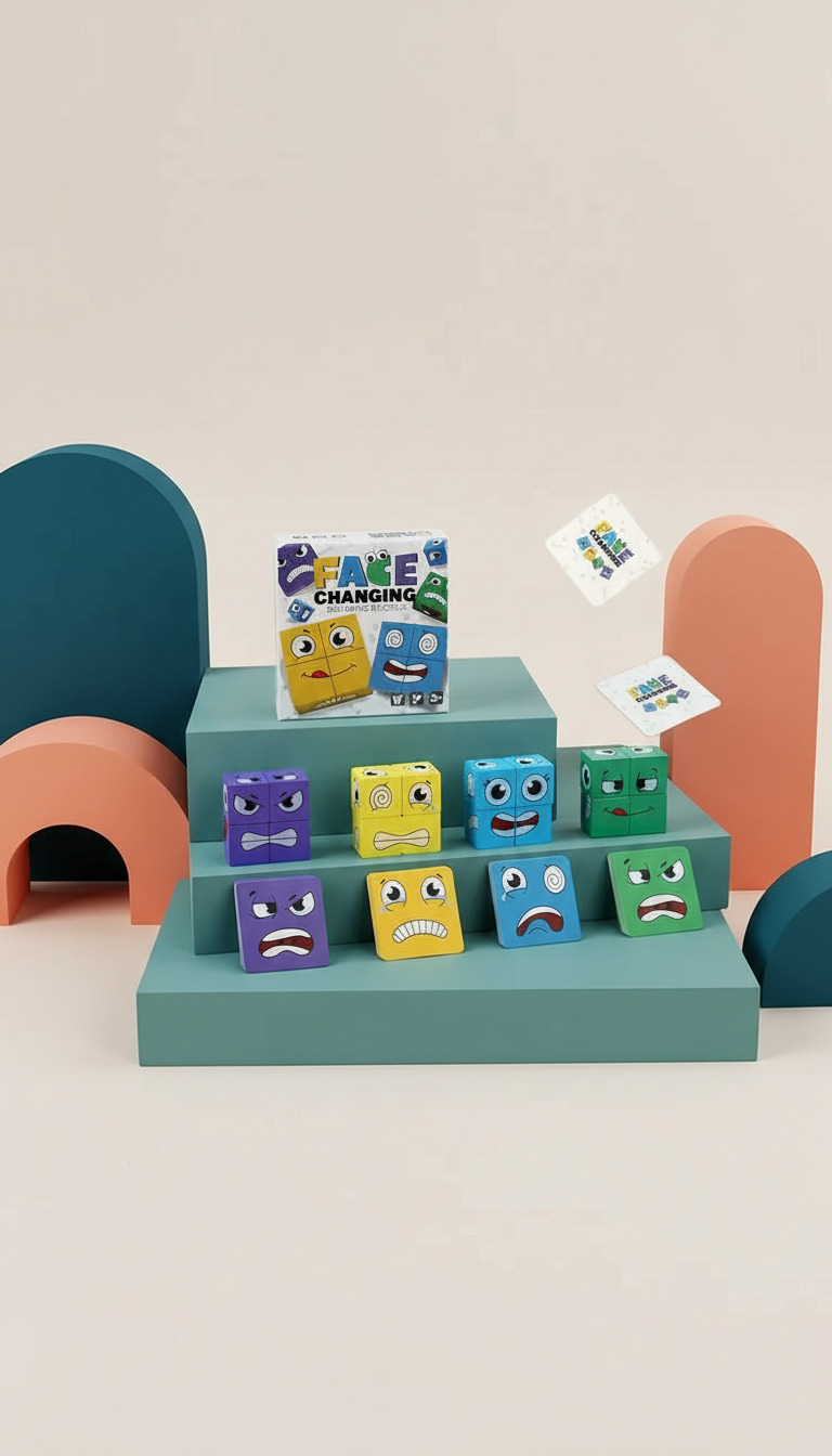 Cubo de Emoções Montessori - Jogo Sensorial de Expressões Faciais