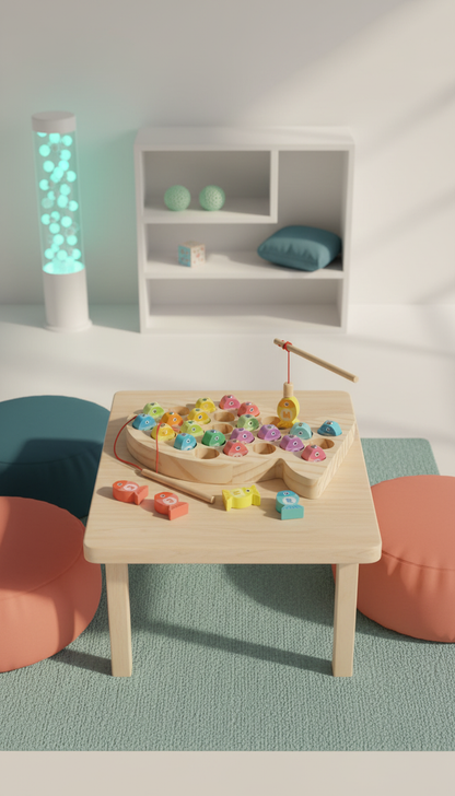 Jogo Pesca Magnético Madeira Alfabeto Números Aprenda Inglês