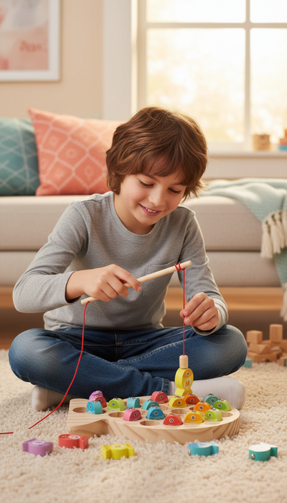 Jogo Pesca Magnético Madeira Alfabeto Números Aprenda Inglês