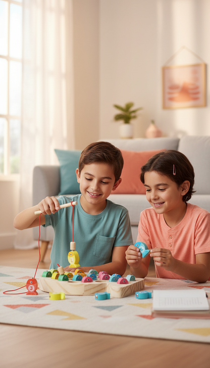 Jogo Pesca Magnético Madeira Alfabeto Números Aprenda Inglês