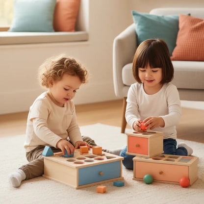 Caixa de Permanência de Objeto Montessori em Madeira - Motor Fino e Causa-Efeito - Brinquedos Educativos Montessori