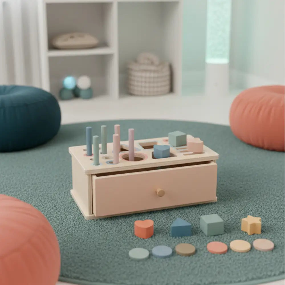 Caixa de Permanência de Objeto Montessori em Madeira - Motor Fino e Causa-Efeito - E - Brinquedos Educativos Montessori