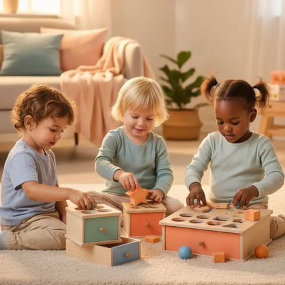 Caixa de Permanência de Objeto Montessori em Madeira - Motor Fino e Causa-Efeito - Brinquedos Educativos Montessori