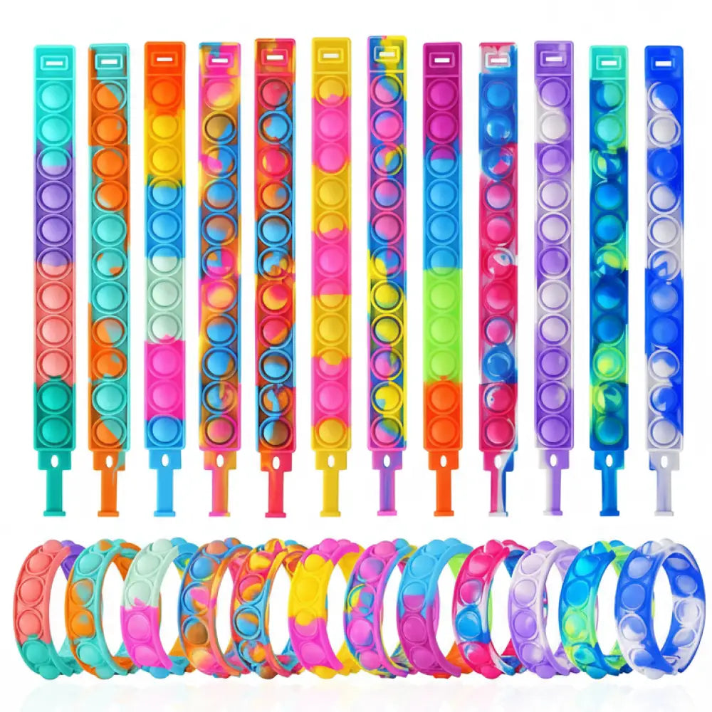 Pulseiras Pop It Fidget Silicone BPA Free - Kit 12un Bolhas Reutilizáveis 104g 3+ Anos - 12 peças - Brinquedos e Jogos